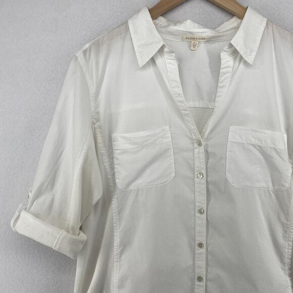 EILEEN FISHER Shirt M Organic Cotton Woven with Knit Sleeve Trim and Back White - Picture 6 of 15